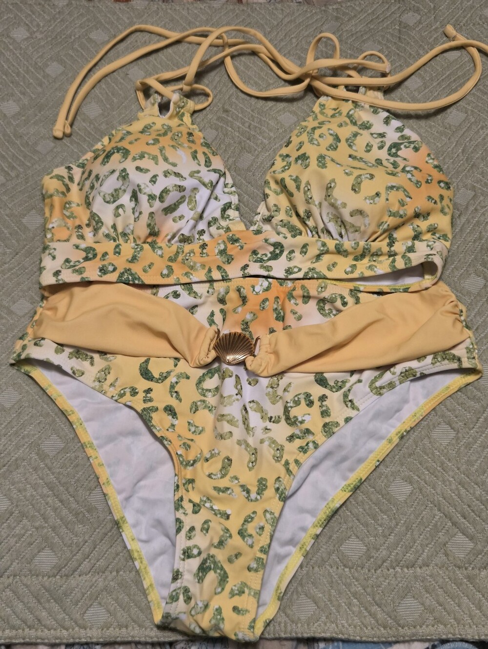 Strappy Gradient Yellow Green Leopard Print High Waisted Bikini Large New